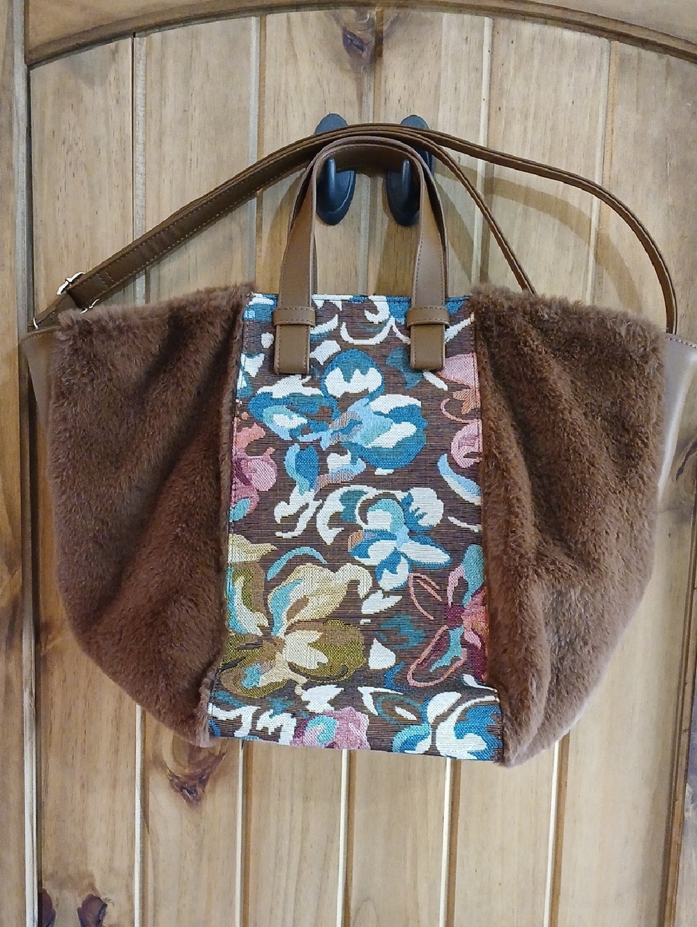 Anthropologie Tapestry Faux Fur Tote Bag Purse